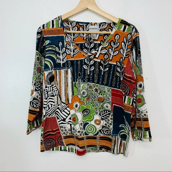 Chicos 1 Printed Shirt Woman Medium Colorful Floral Geometric 100% Cotton Office - Picture 1 of 10